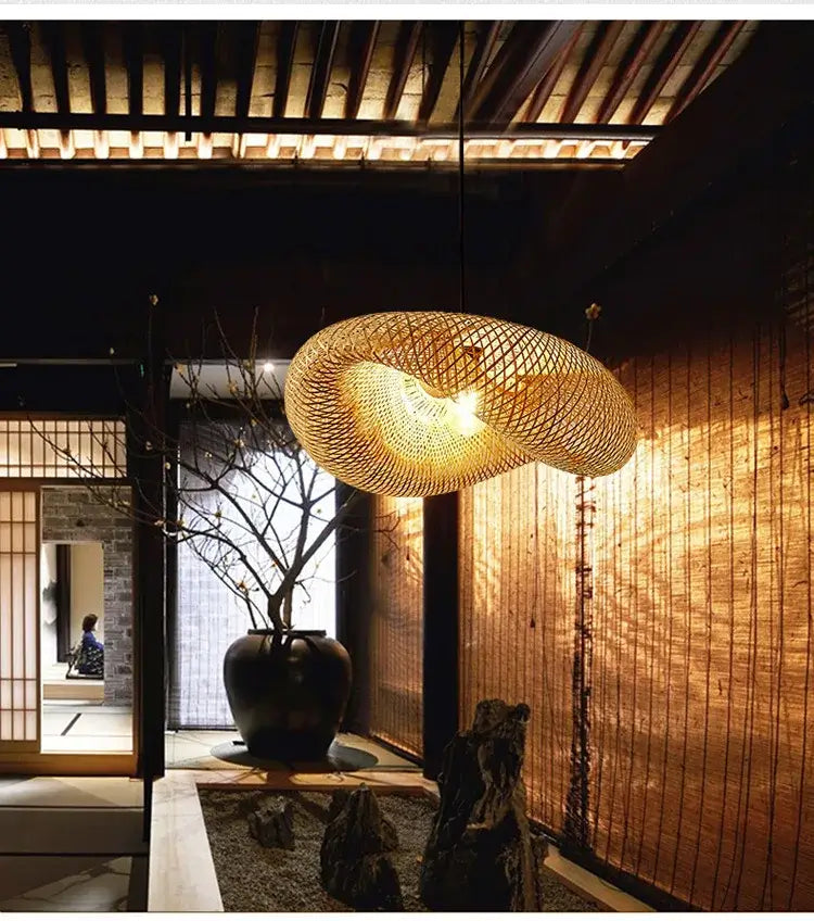 Bamboo Hand Weaving Pendant Light 38cm Hanging LED Ceiling Lamp Chandelier Fixture Rattan Hand Craft Woven Home Bedroom Decor