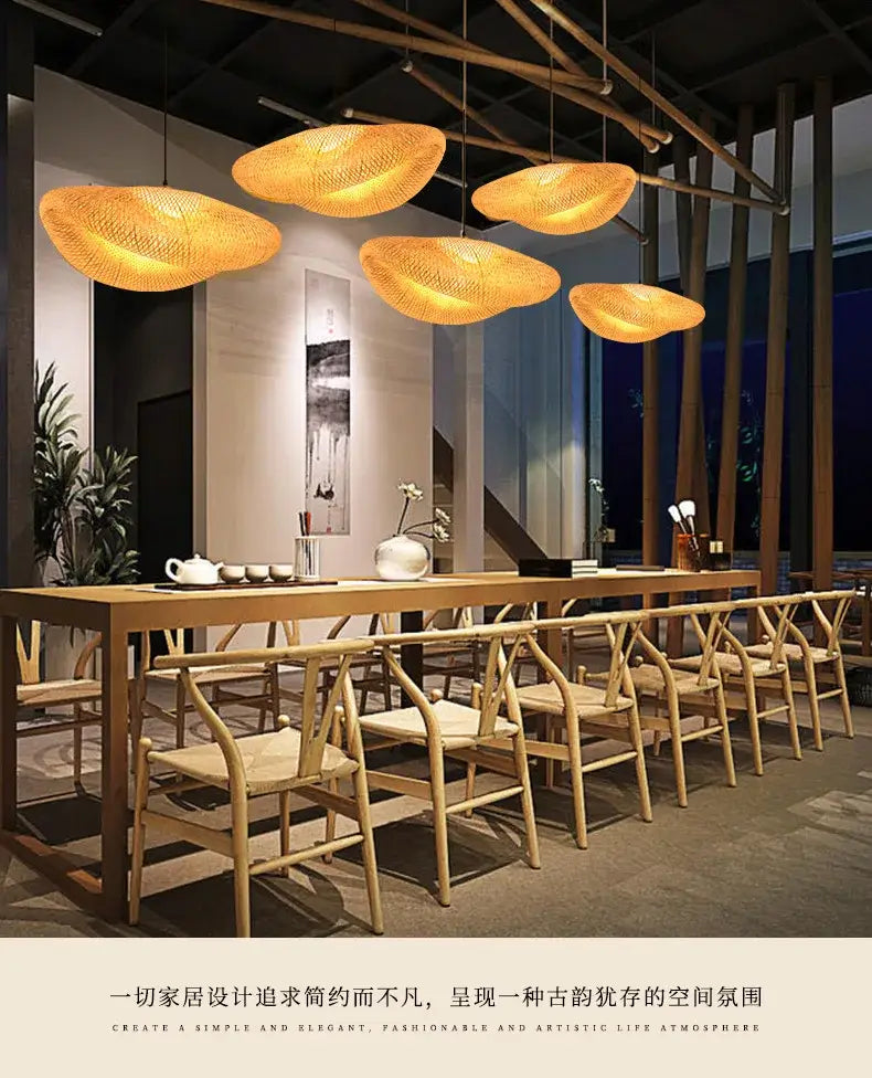 Bamboo Hand Weaving Pendant Light 38cm Hanging LED Ceiling Lamp Chandelier Fixture Rattan Hand Craft Woven Home Bedroom Decor