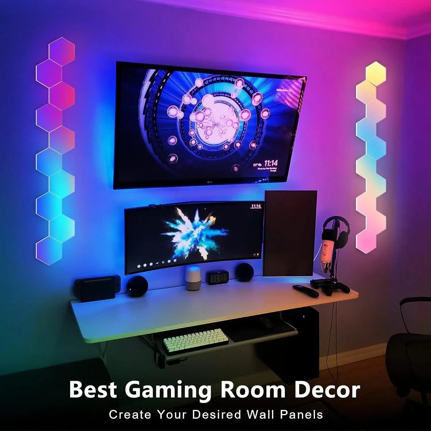 RGB Intelligent Hexagonal Wall Lamp Color-changing Ambient Night Light DYI Shape Music Rhythm APP Control For Game Room Bedroom tableandwalllamps