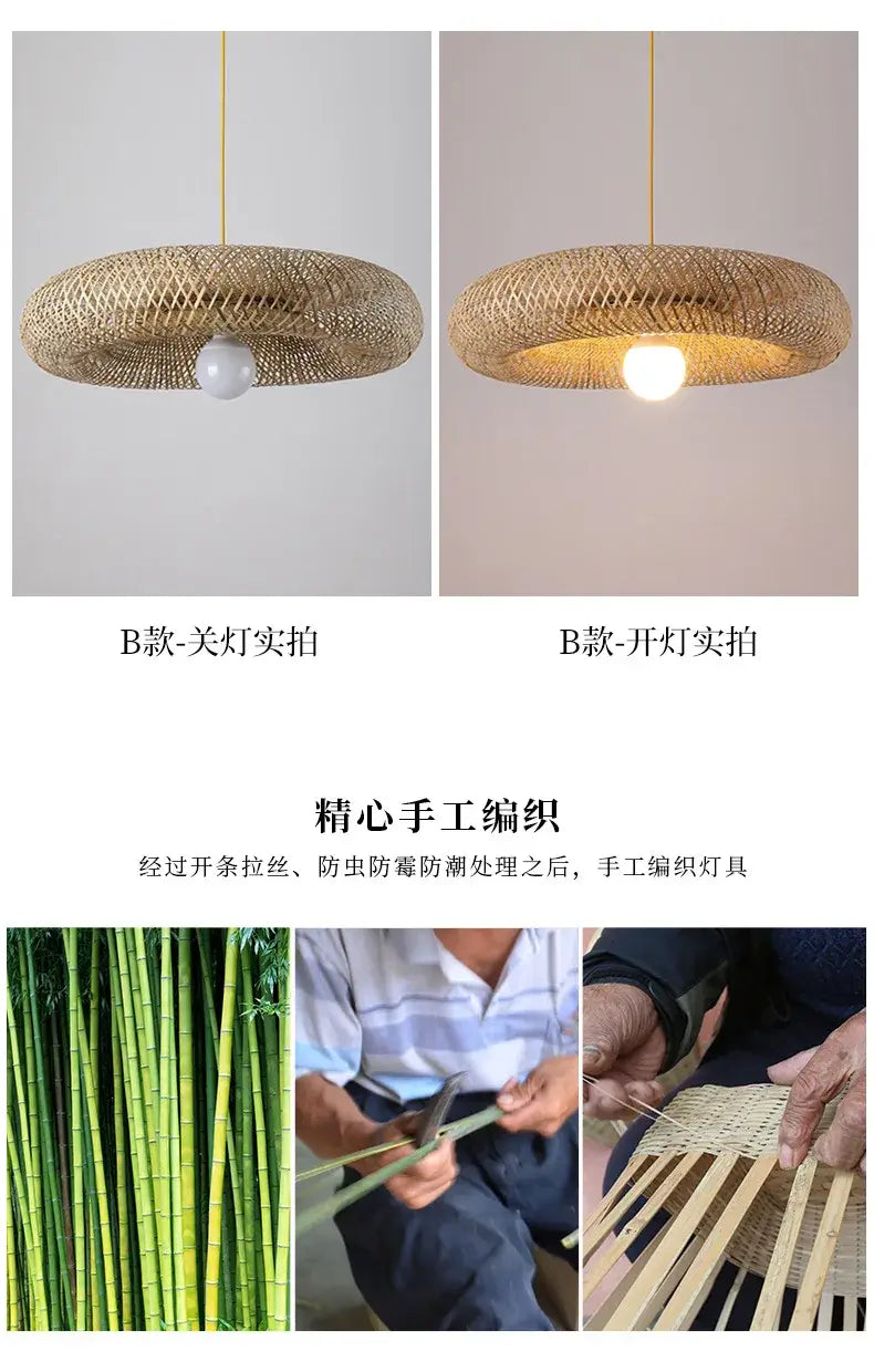 Bamboo Hand Weaving Pendant Light 38cm Hanging LED Ceiling Lamp Chandelier Fixture Rattan Hand Craft Woven Home Bedroom Decor