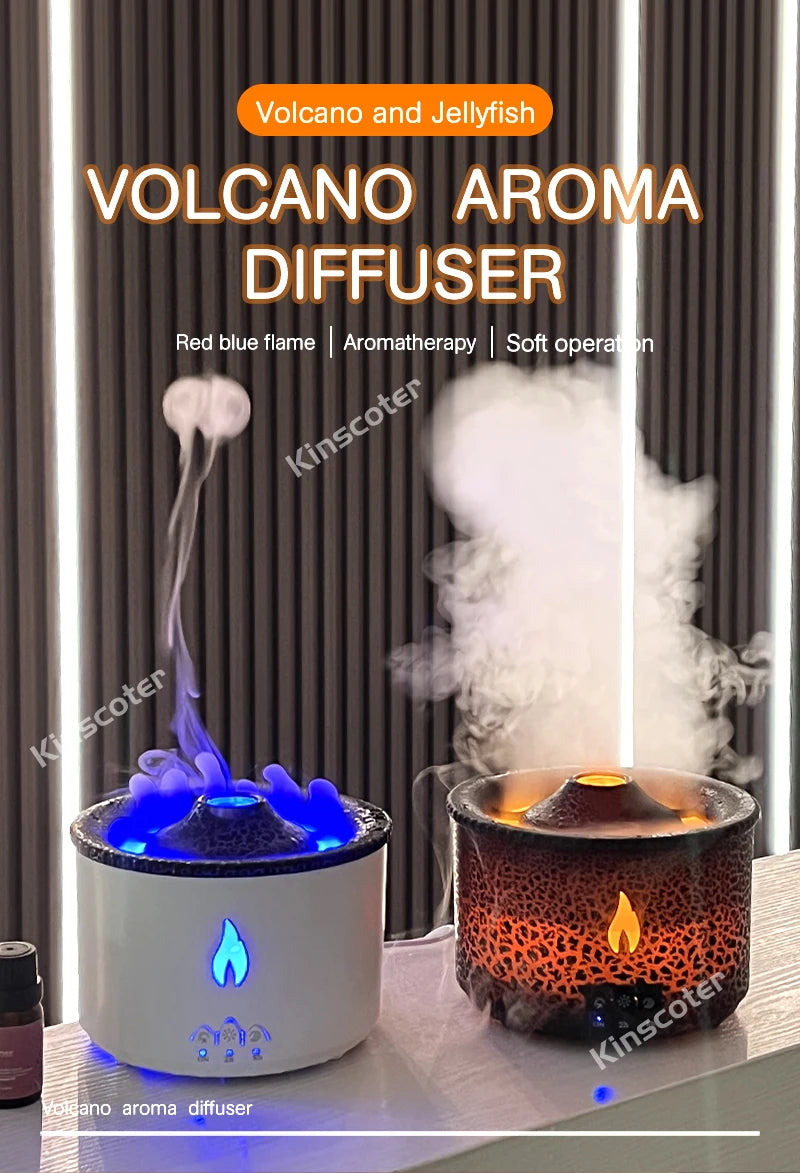 KINSCOTER Volcano Flame Aroma Diffuser Jellyfish Smoke Ring Air Humidifier 360ml Aromatherapy Essential Oil Diffuser Cool Gift tableandwalllamps