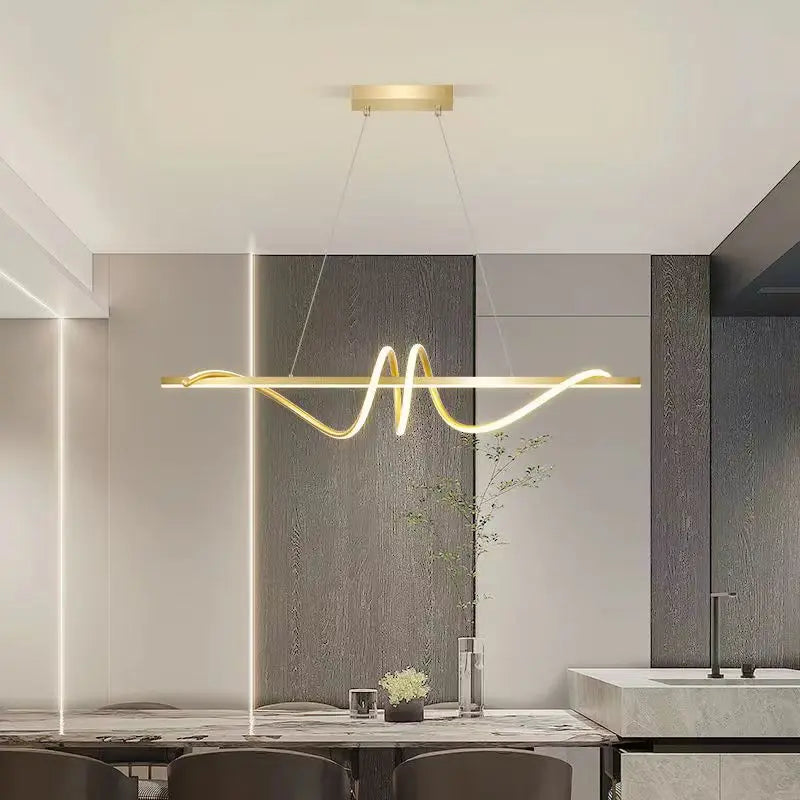 Modern minimalist LED pendant lamp in a stylish kitchen setting, perfect for dining and home decor.