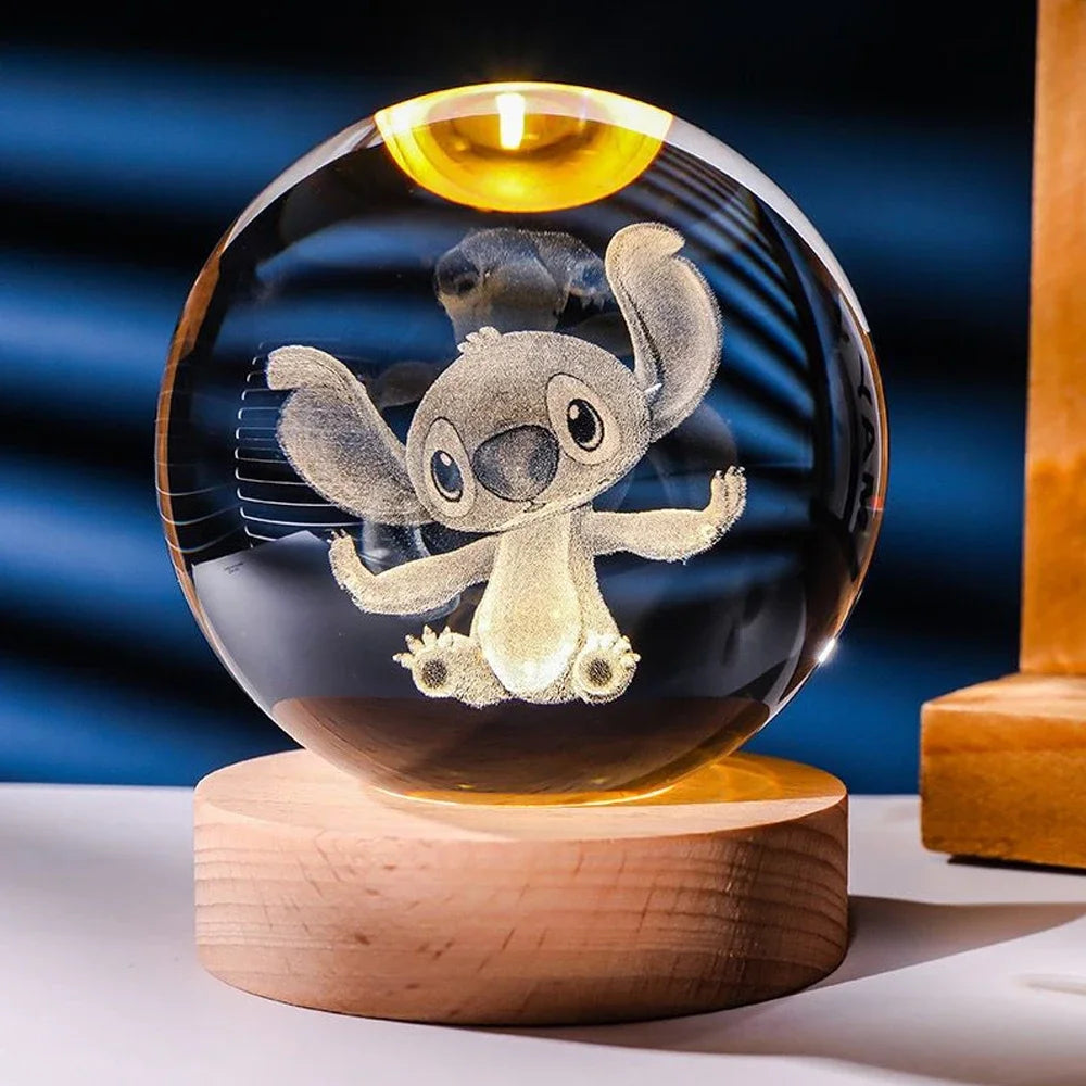 6cm 3D Crystal Ball Pikachu Stitch Doraemon A Dream Hello Kitty Crystal Planet Night Light Laser Carving Children's Gifts tableandwalllamps