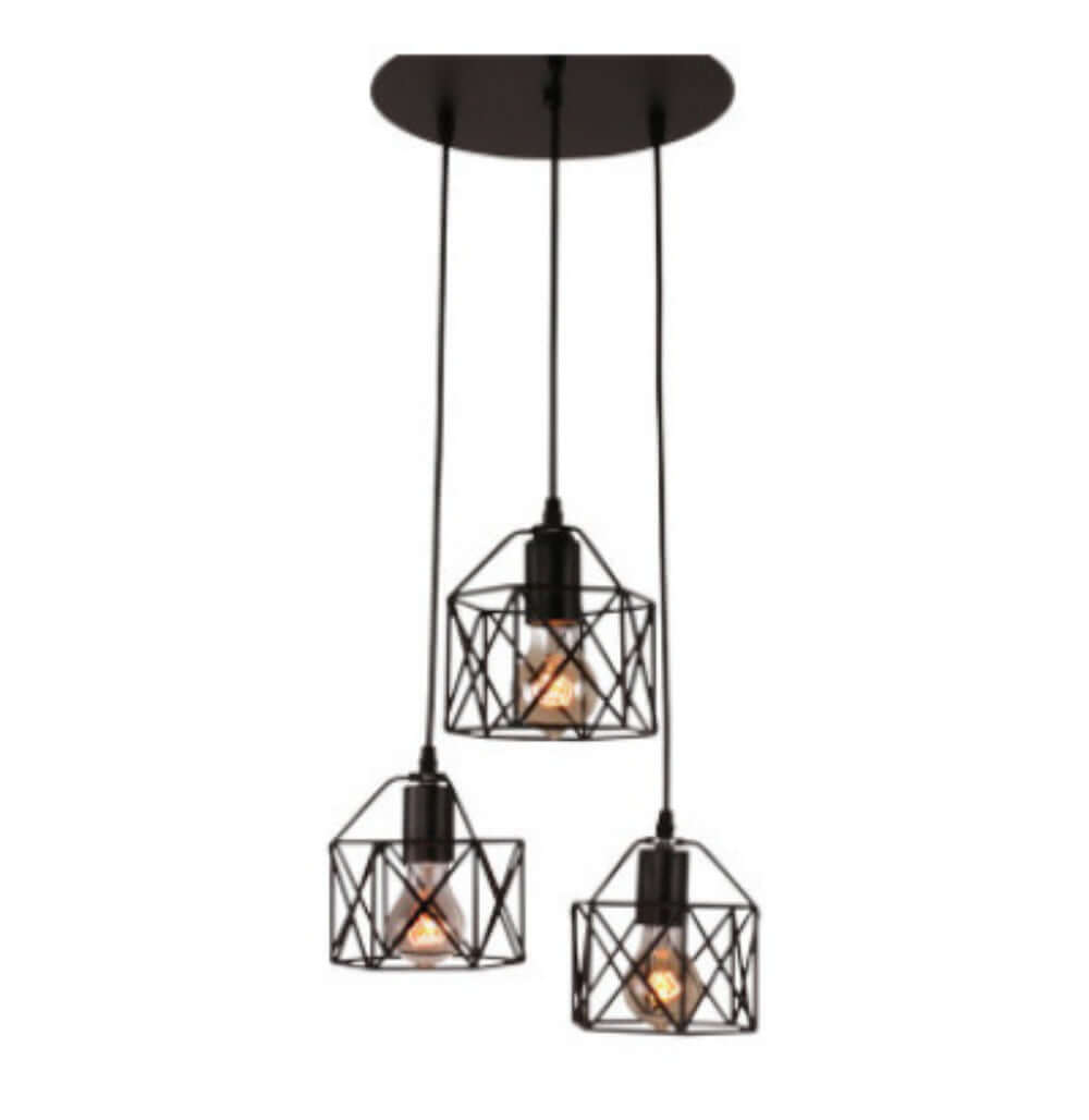 Modern black metal pendant chandelier with three geometric wire shades and Edison bulbs, ideal for dining or living areas.