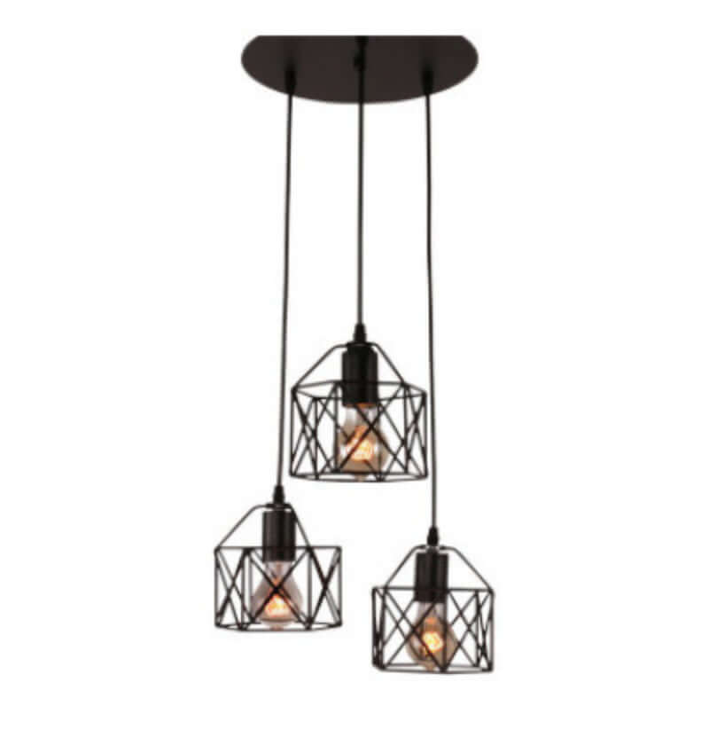 Nordic modern pendant chandelier with three black metal cage lights, ideal for dining or living spaces.