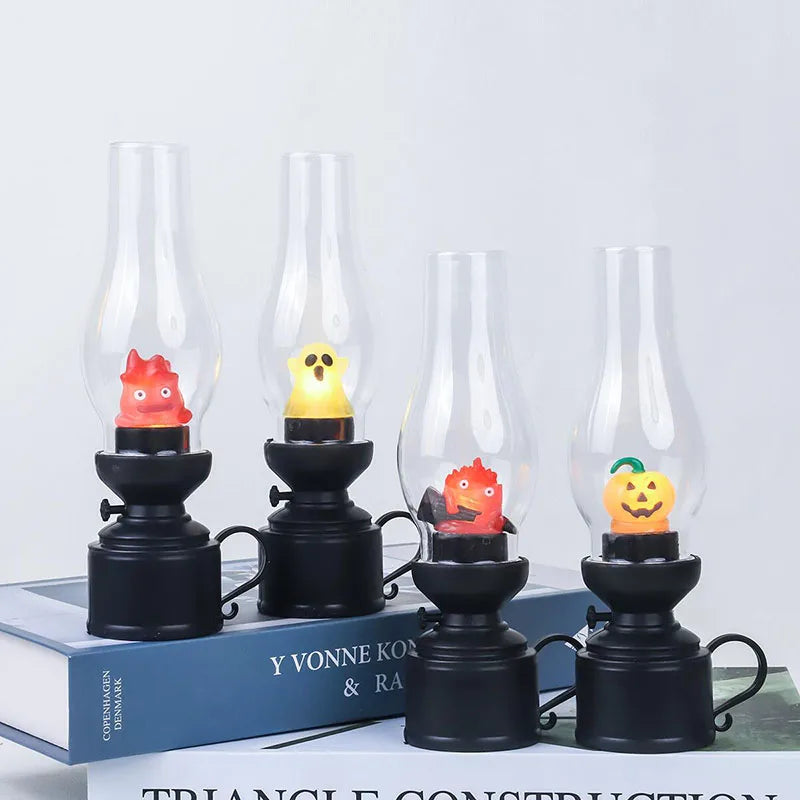 Calcifer Flameless Night Light Halloween Retro Decorative Candle Light Cartoon Anime Kerosene Lamp Bedroom Bedside Table Lamp tableandwalllamps