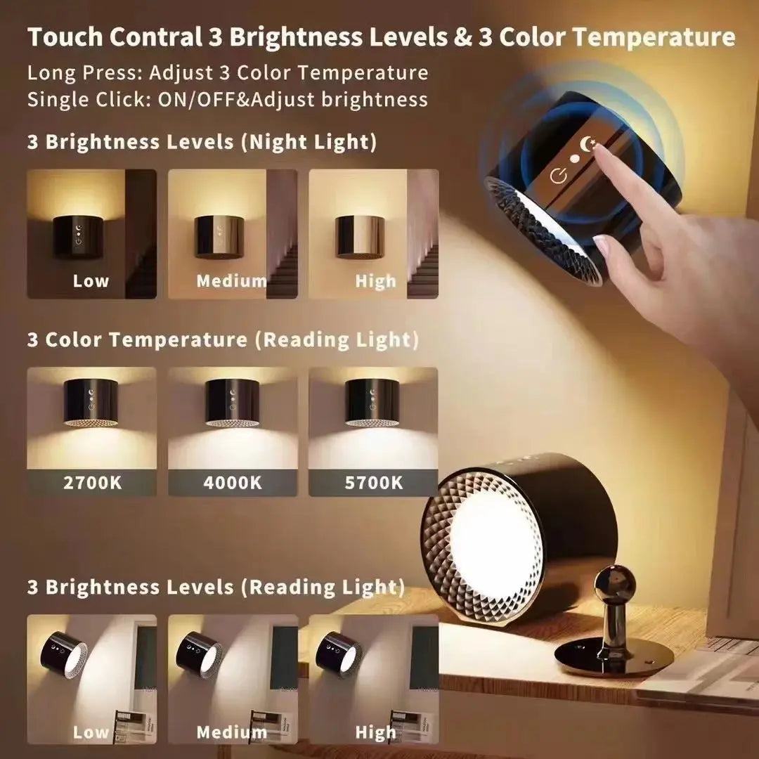 9 Colors 360° Rotation Wall Lamp Mounted Night Lights RGB LED Up Down Remote Rechargeable Wireless Reading Bedroom Lamp tableandwalllamps