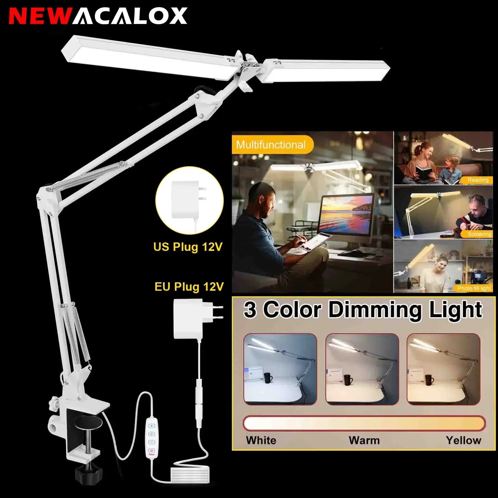 24W LED Desk Lamp for Home Office Dual Swing Arm Eye-Caring Architect Task Lamp Adjustable Foldable Table Lamp 3 Lighting Modes tableandwalllamps