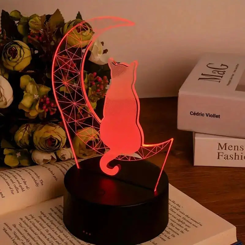 1PC  Geometry Cat  3D Night Light, 3D Optical Illusion Lamp With Touch, 7-Color Changing Ambient Light For Bedroom tableandwalllamps