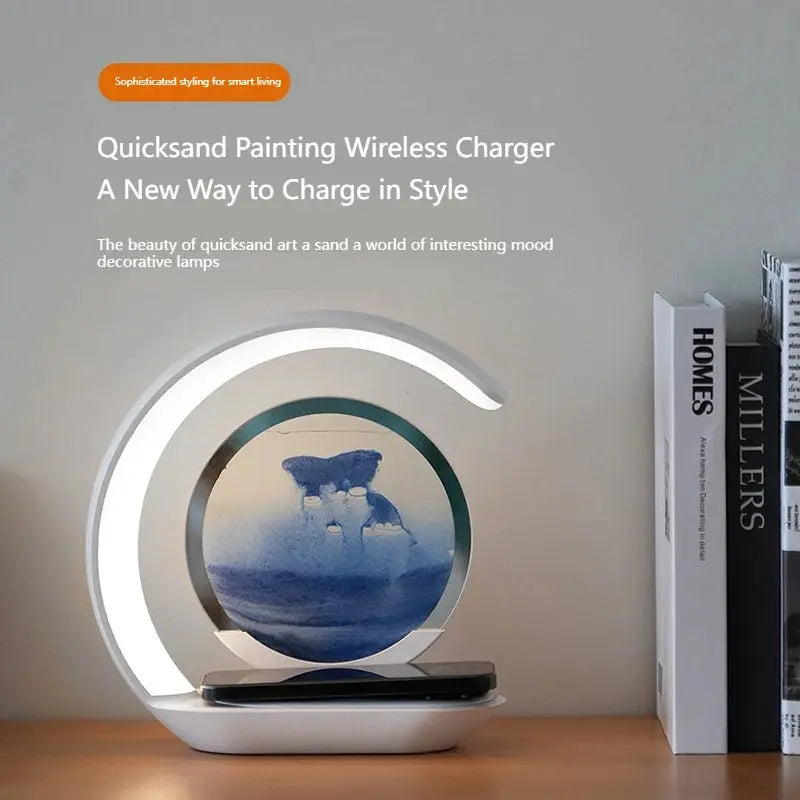 15W Wireless Charger with Quicksand Painting Night Lamp Table Top Decoration Fast Charging Station for iphone 16 Pro Max Charger tableandwalllamps