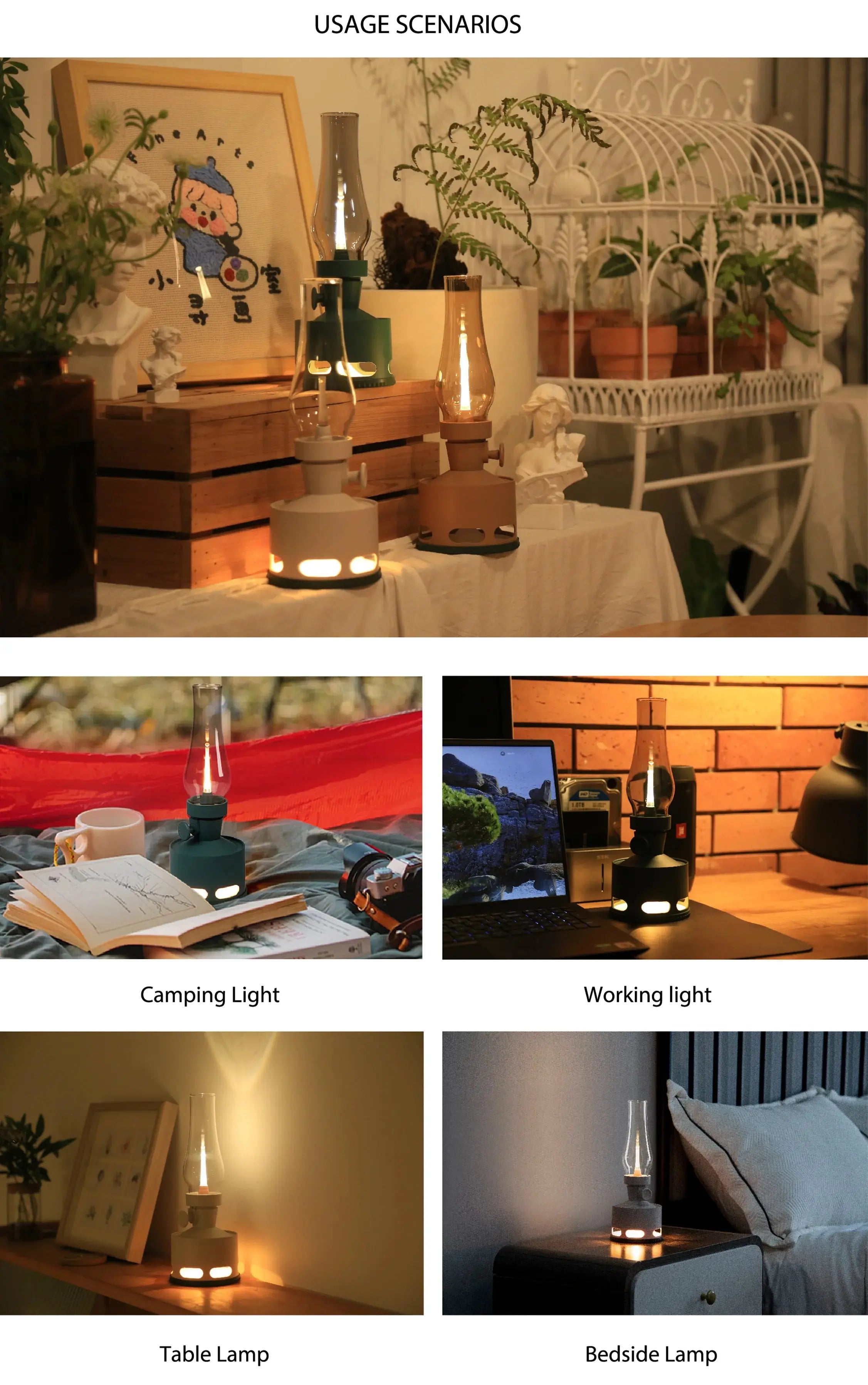 Wireless Indoor Outdoor Kerosene 4000mAh Rechargeable Battery Night Light USB Dimmable Glass Shade LED restaurant Table Lamp tableandwalllamps