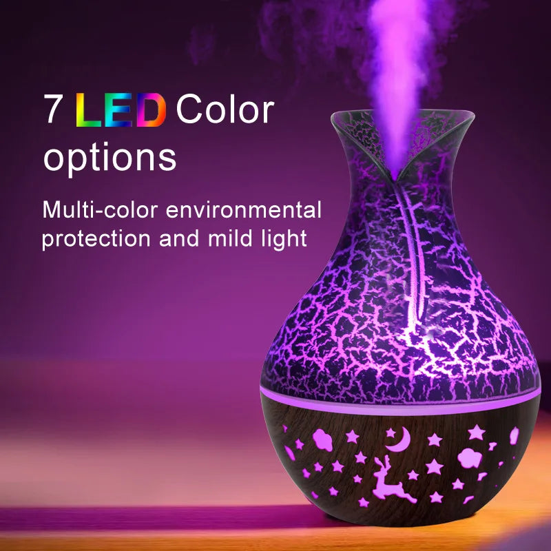 150ml new vase air humidifier, hollow wood grain aromatherapy essential oil diffuser, 7-color LED light tableandwalllamps