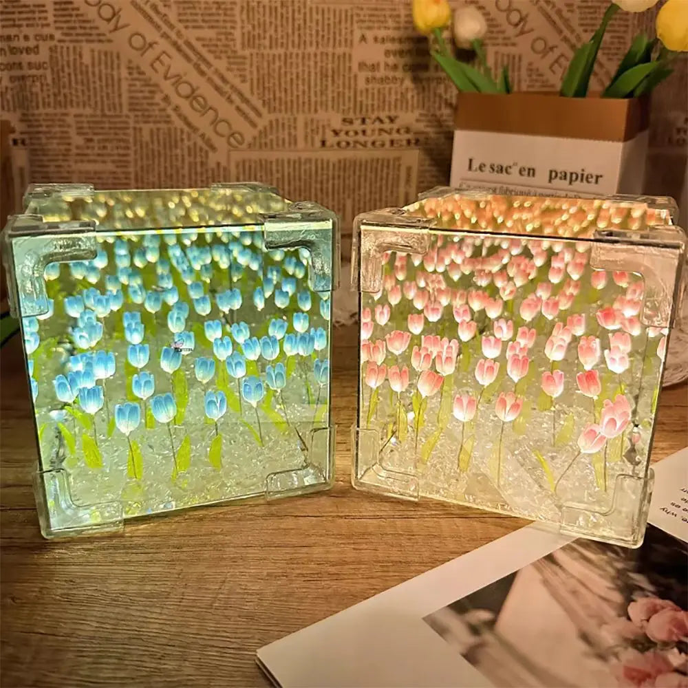 DIY Tulip Mirror Cube Lamp Simulation Flower Bedroom Sleeping Table Lamp Romantic Handmade Craft Night Light Birthday Gift tableandwalllamps