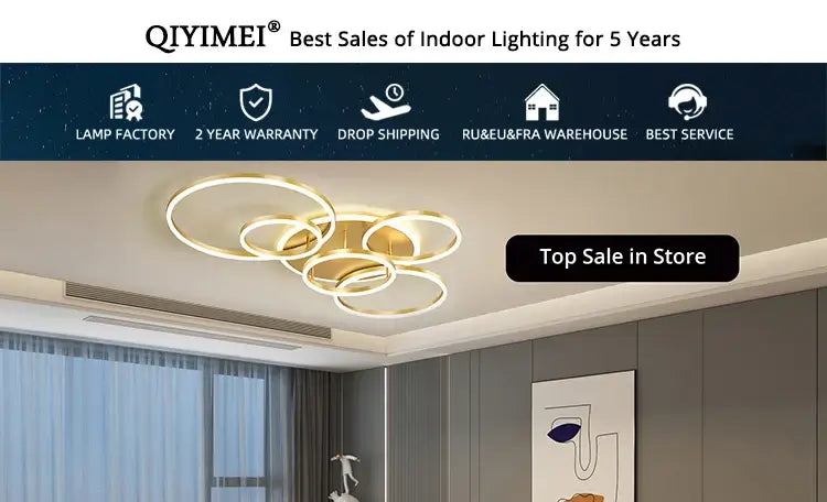 Modern QIYIMEI indoor lighting display with pendant lamps, showcasing top sales and features like warranty and drop shipping.