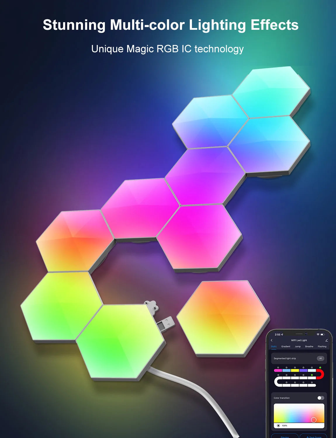 RGB Intelligent Hexagonal Wall Lamp Color-changing Ambient Night Light DYI Shape Music Rhythm APP Control For Game Room Bedroom tableandwalllamps