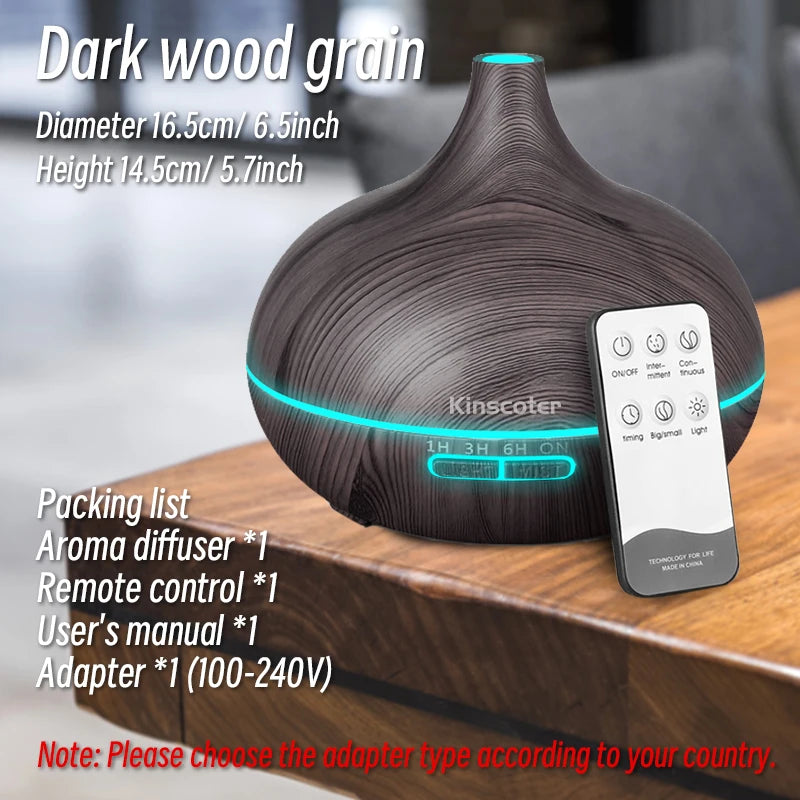 High Quality 500ml Aromatherapy Essential Oil Diffuser Wood Grain Remote Control Ultrasonic Air Humidifier with 7 Colors Light tableandwalllamps