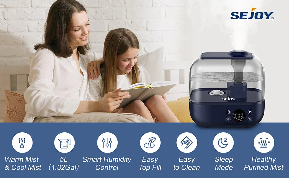 Sejoy Humidifiers for Bedroom Large Room 5L Quiet Ultrasonic Warm & Cool Mist Humidifier tableandwalllamps