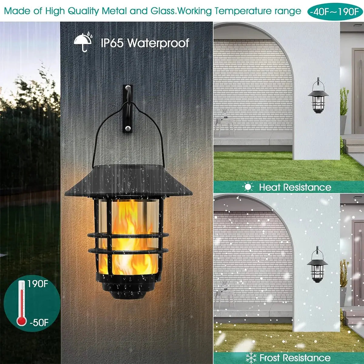 Solar Lantern Outdoor Hanging Wireless Waterproof Flickering Flames Lantern Lights with Wall Mount Kit for Garden Porch Fence tableandwalllamps