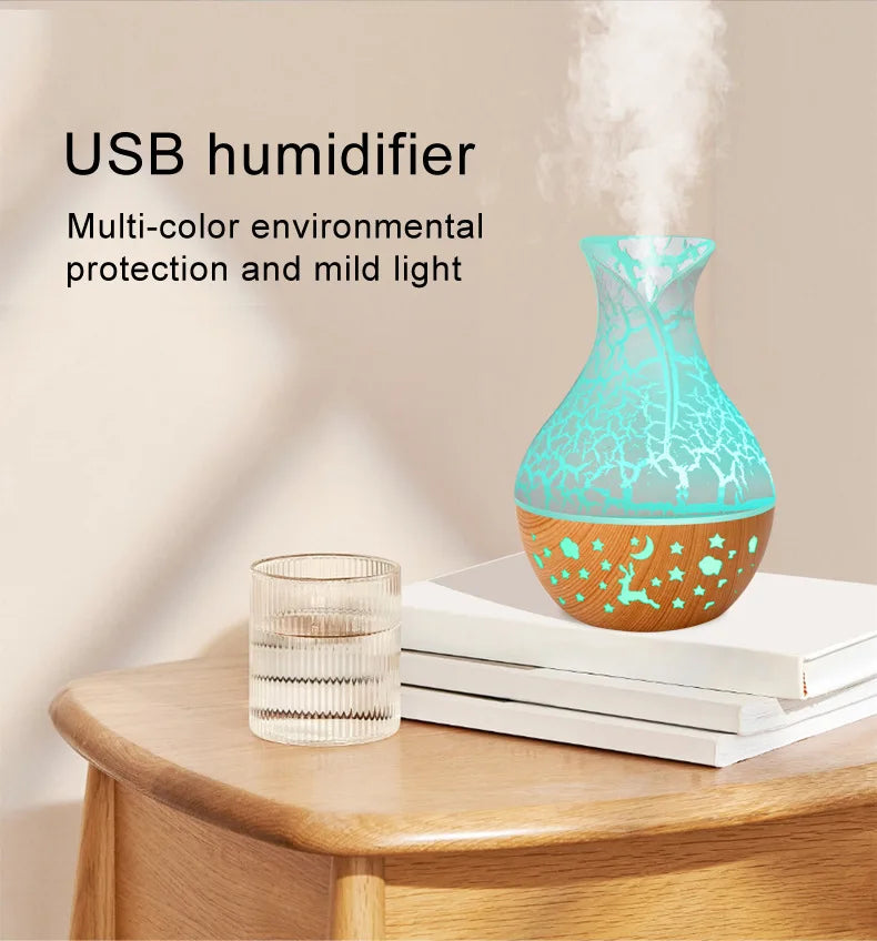 150ml new vase air humidifier, hollow wood grain aromatherapy essential oil diffuser, 7-color LED light tableandwalllamps