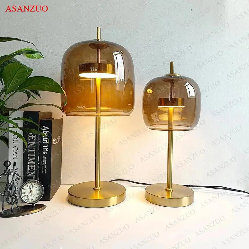 Dia18cm Smoke gray Glass Table Lamps Modern Living Bedroom Bedside Desk Lamp Indoor Decor LED Lighting amber glass Luminaire tableandwalllamps