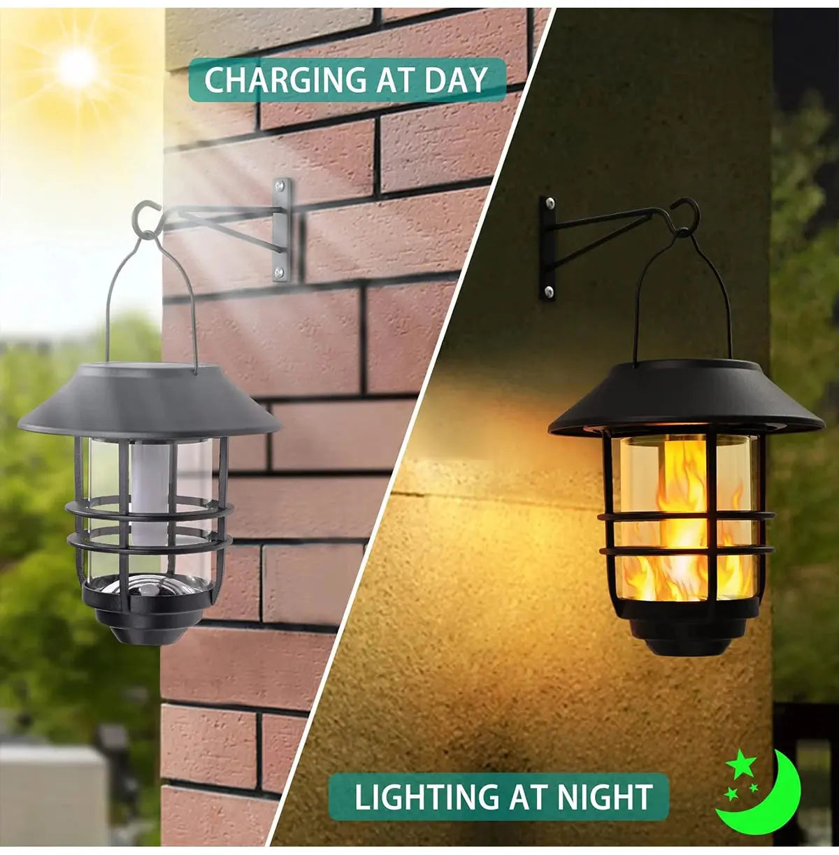 Solar Lantern Outdoor Hanging Wireless Waterproof Flickering Flames Lantern Lights with Wall Mount Kit for Garden Porch Fence tableandwalllamps