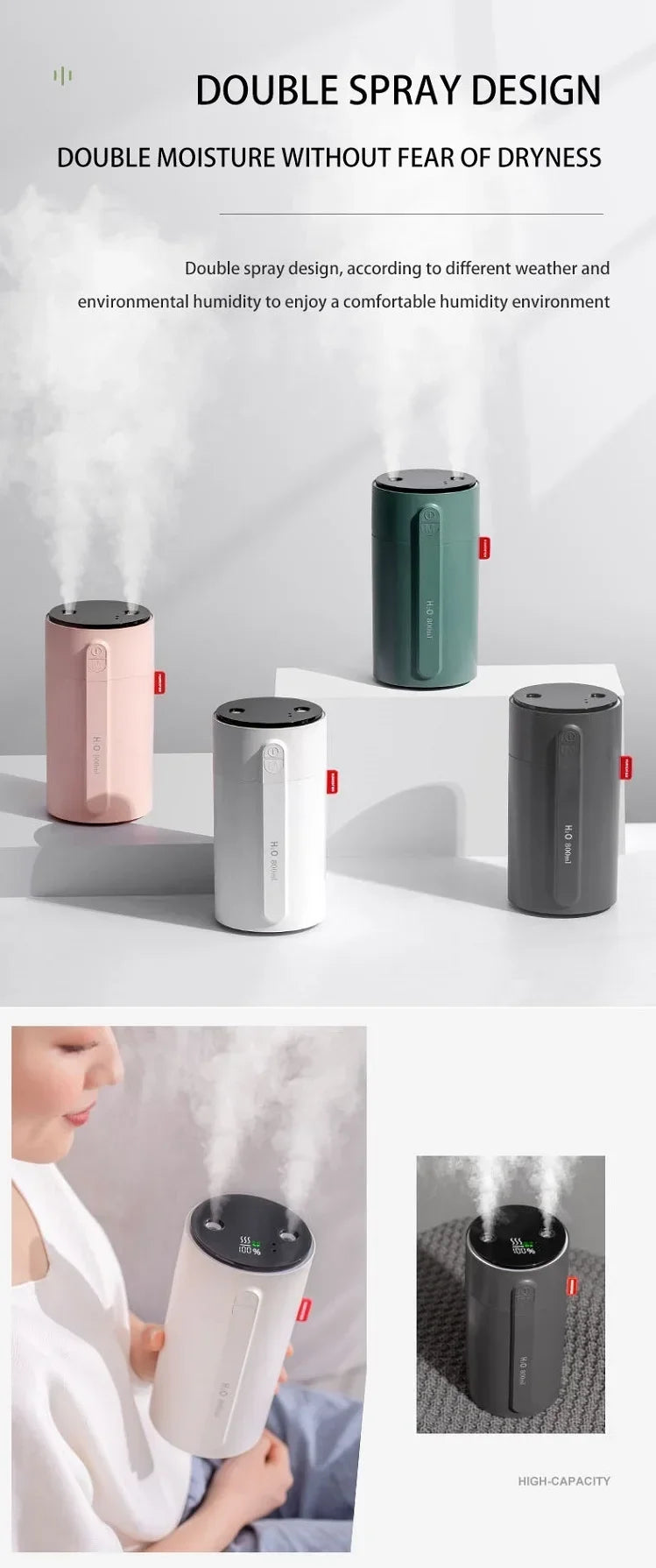 800ML Smart Induction Air Humidifier 2000mAh Battery USB Rechargeable Essential Oil Diffuser Air Humidifier for Home Car tableandwalllamps