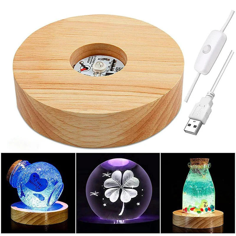 10cm Wood Light Base Rechargeable Wooden LED Light Rotating Display Stand Lamp Holder Lamp Base Art with Power adapter tableandwalllamps