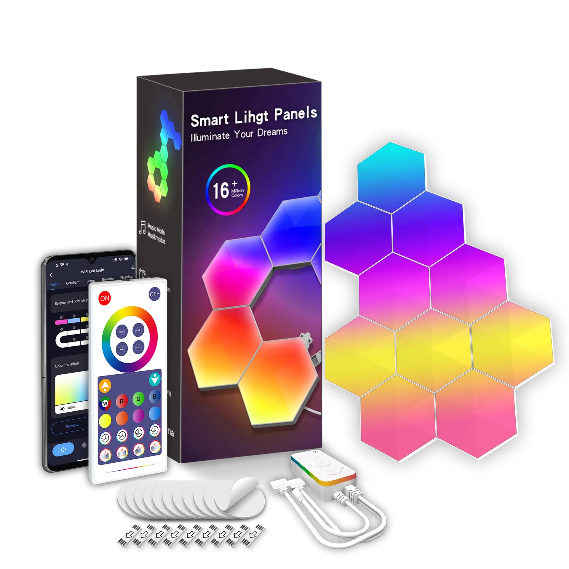 RGB Intelligent Hexagonal Wall Lamp Color-changing Ambient Night Light DYI Shape Music Rhythm APP Control For Game Room Bedroom tableandwalllamps