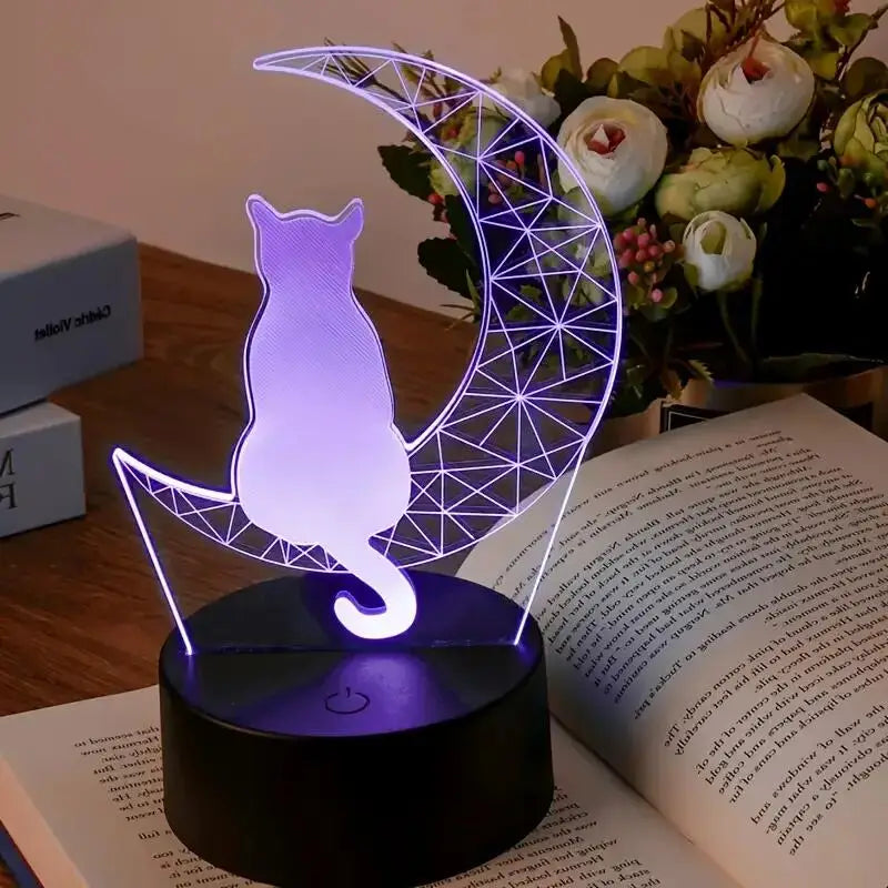 1PC  Geometry Cat  3D Night Light, 3D Optical Illusion Lamp With Touch, 7-Color Changing Ambient Light For Bedroom tableandwalllamps