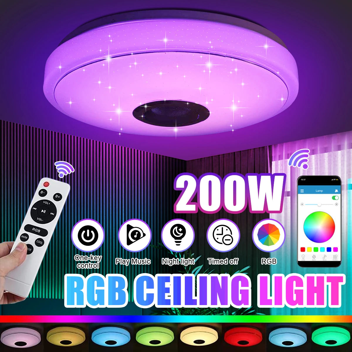 200W Smart LED Ceiling Light APP bluetooth Music Speaker Light RGB Dimmable Ceiling Lamp Home Bedroom Living Room Ambient Light