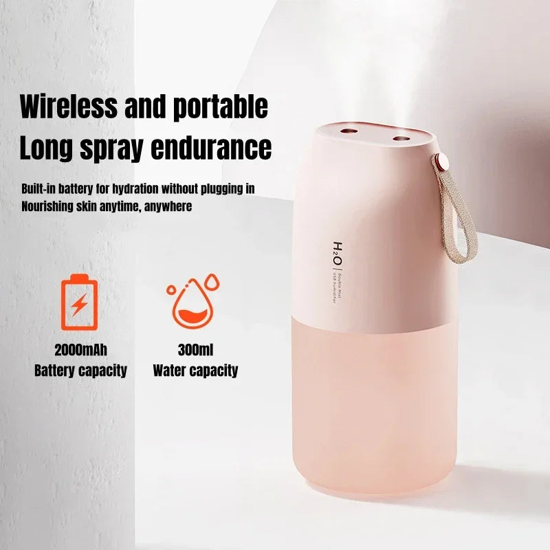 2000mAh USB 300ml Dual Sprayer Air Humidifier Rechargeable Battery Wireless Fogger Diffuser Light Umidificador tableandwalllamps