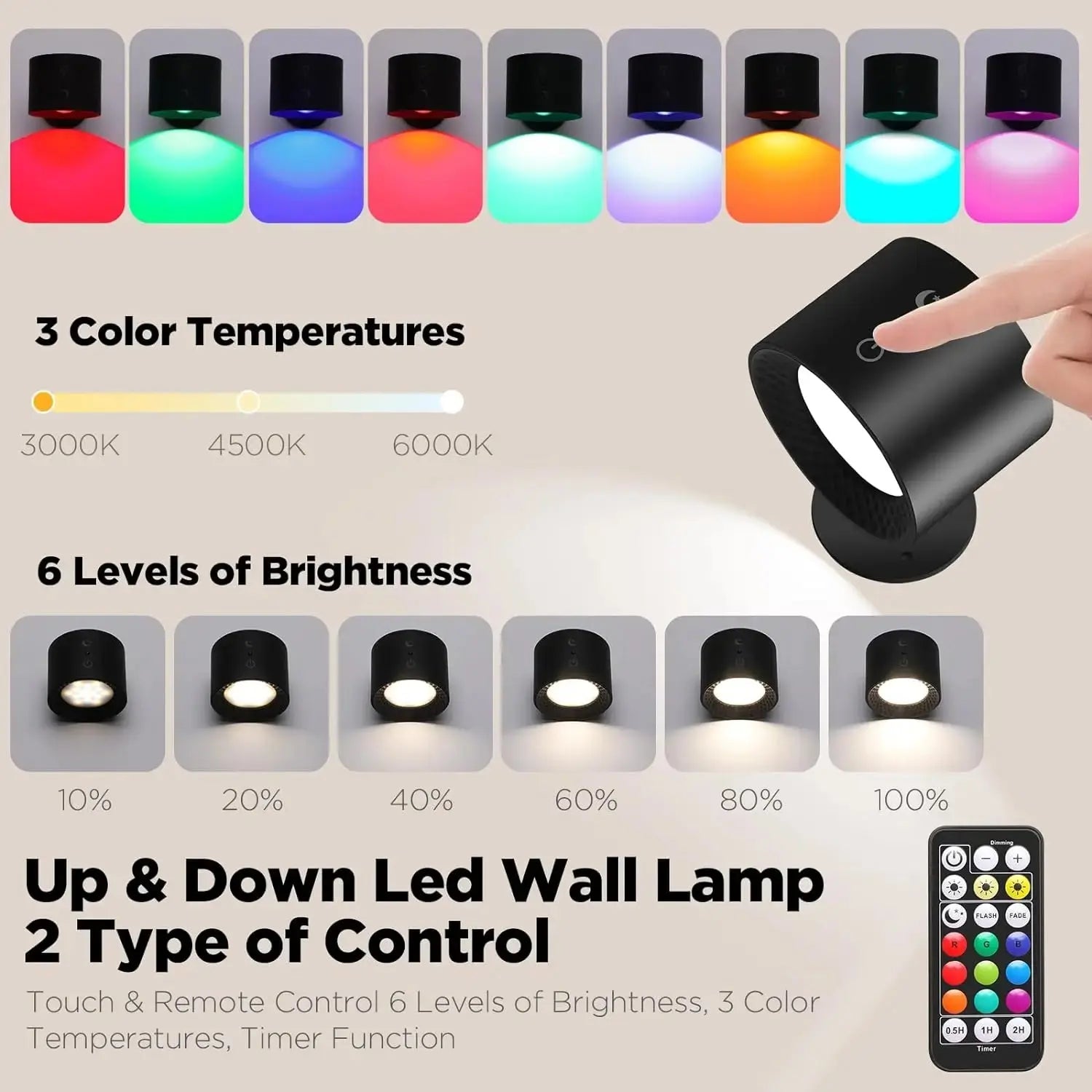 9 Colors 360° Rotation Wall Lamp Mounted Night Lights RGB LED Up Down Remote Rechargeable Wireless Reading Bedroom Lamp tableandwalllamps