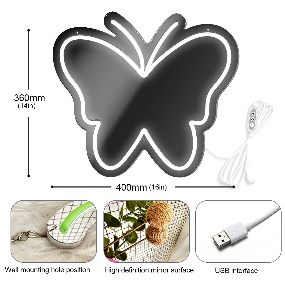 Butterfly Neon Sign for Bedroom, 16x14in Neutral Light Butterfly Mirror Neon Light USB Operated Wall Decor for Living Room, tableandwalllamps