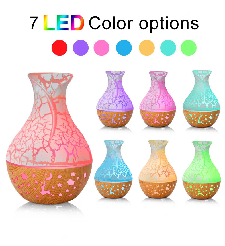 150ml new vase air humidifier, hollow wood grain aromatherapy essential oil diffuser, 7-color LED light tableandwalllamps