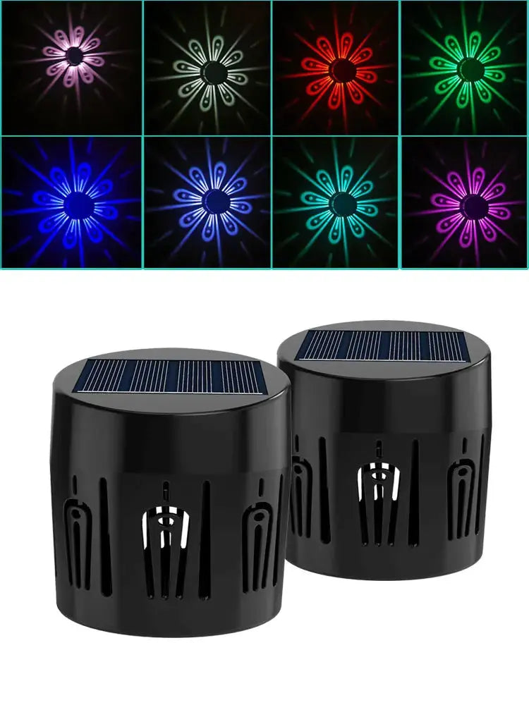 2pcs Fence Lights Outdoor Solar projects Beautiful Patterns ABS Black RGB WW LED Solar Lamp Waterproof for Festive Decorations tableandwalllamps