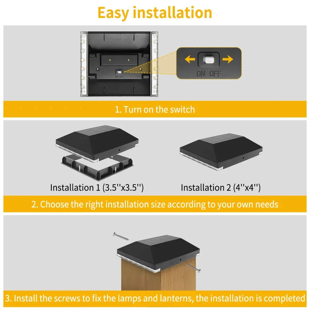 2/6 Packs Solar Post Cap Light Fence Outdoor Garden Black Deck Light for 3.5x3.5 4x4 Wooden Vinyl Post Gate patio Solar Cap Lamp tableandwalllamps