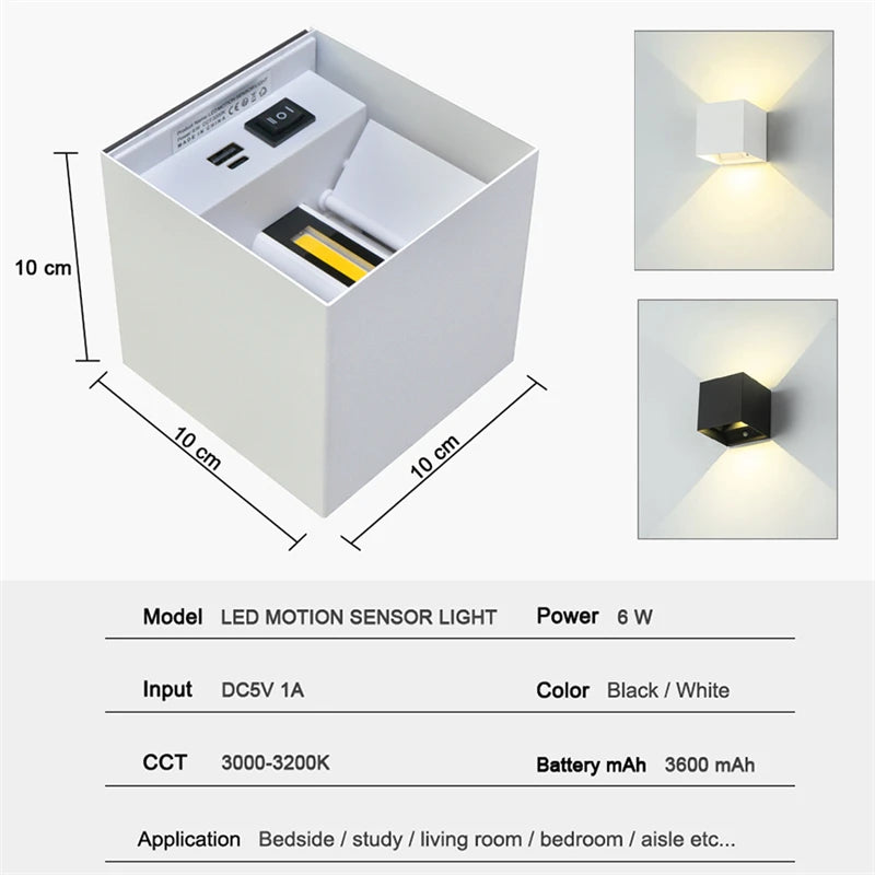 Interior LED Wall Light Human Body Motion Sensing USB Recechargeable Wall Lamp Cordless Night Lights For Bedroom Bedside Sconces tableandwalllamps