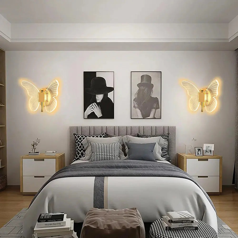 Butterfly LED Wall Lamp Interior Modern Metal Acrylic 110V-220V Wired Wall Lamp Tricolor Adjustment Bedside Wall Light Sconces tableandwalllamps