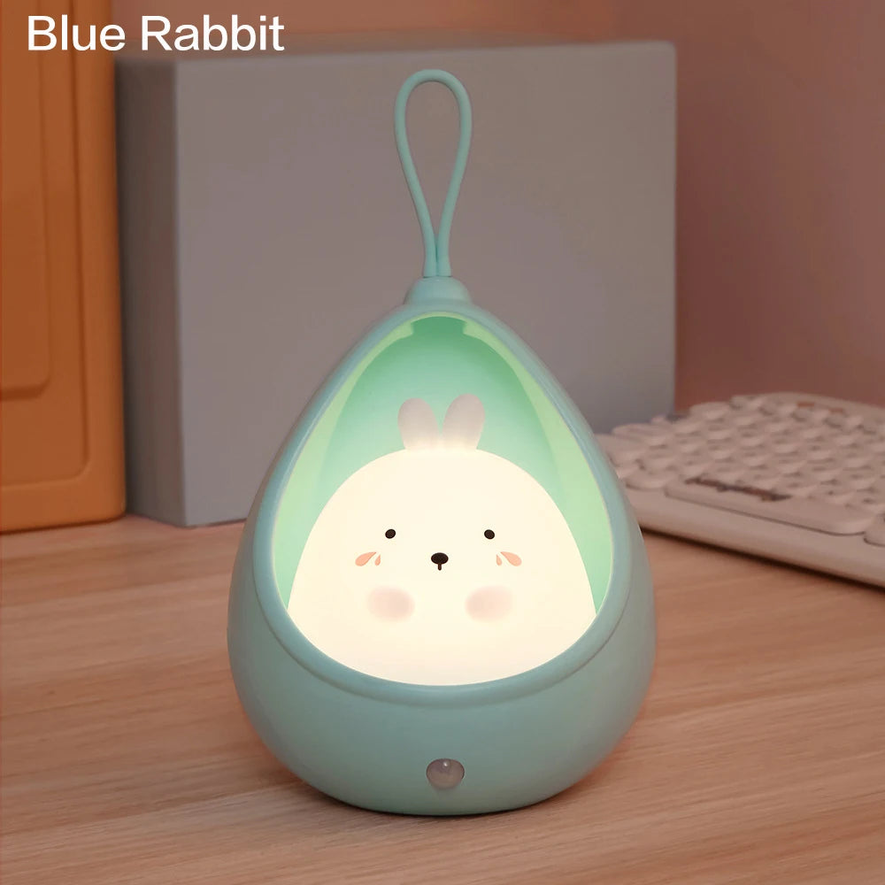 Kids Gift Portable USB Rechargeable Warm White Cute Little Rabbit Cat Motion Sensor LED Wall Night Lamp Light with Hanging Rope tableandwalllamps