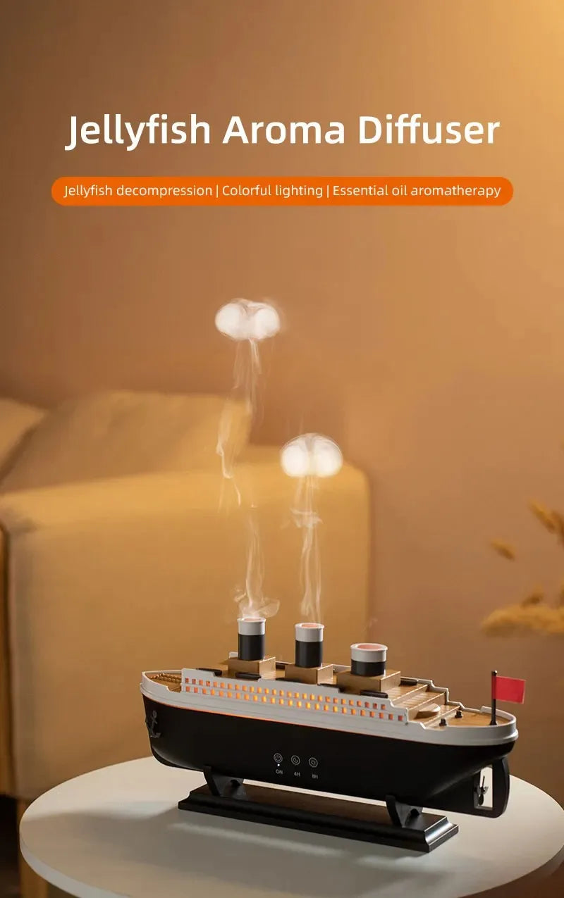 Titanic Ship Model Decoration Air Humidifier 250ml Essential Oil Diffuser Jellyfish Smoke Ring Spray Aroma Diffuser For Home tableandwalllamps