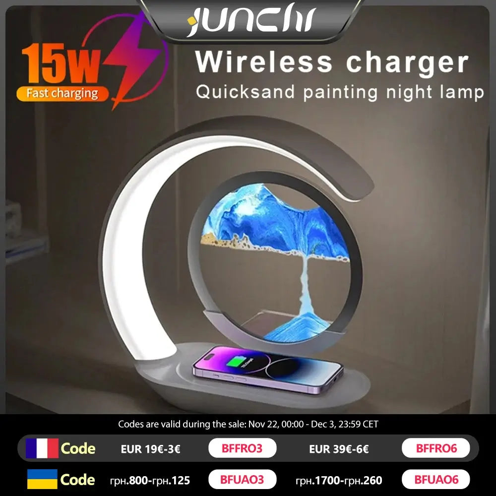 15W Wireless Charger with Quicksand Painting Night Lamp Table Top Decoration Fast Charging Station for iphone 16 Pro Max Charger tableandwalllamps