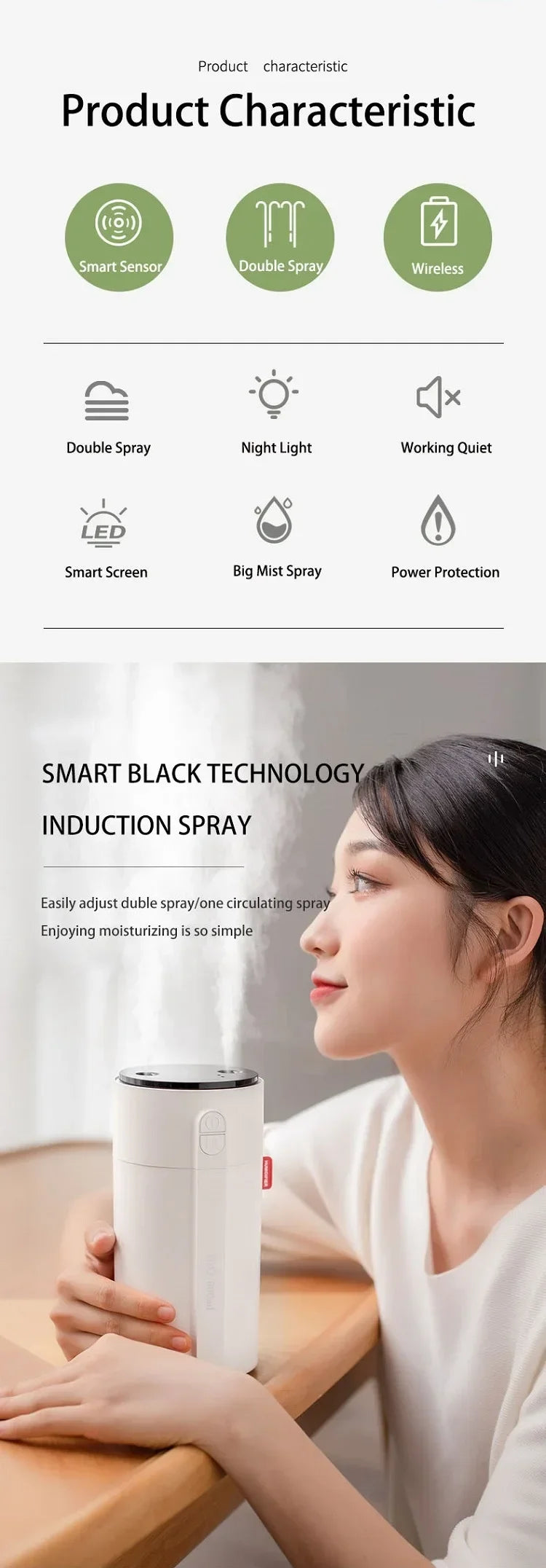 800ML Smart Induction Air Humidifier 2000mAh Battery USB Rechargeable Essential Oil Diffuser Air Humidifier for Home Car tableandwalllamps