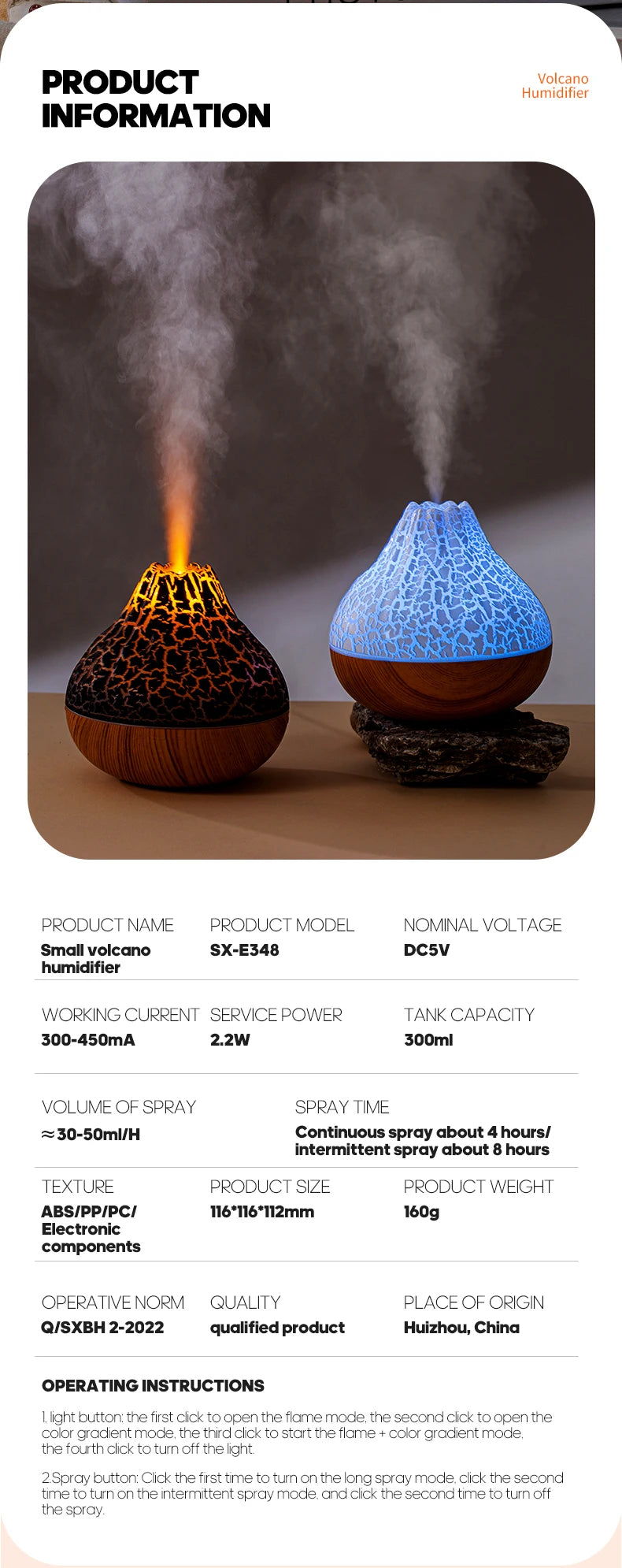 300ml Volcano Air Humidifier Desktop Electric USB Humidificadore Water Mist Diffuser Purifier Air Freshener With 7 Colors Night tableandwalllamps