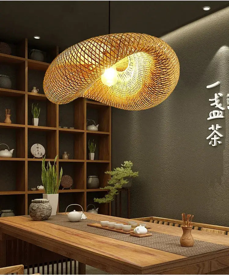 Bamboo Hand Weaving Pendant Light 38cm Hanging LED Ceiling Lamp Chandelier Fixture Rattan Hand Craft Woven Home Bedroom Decor