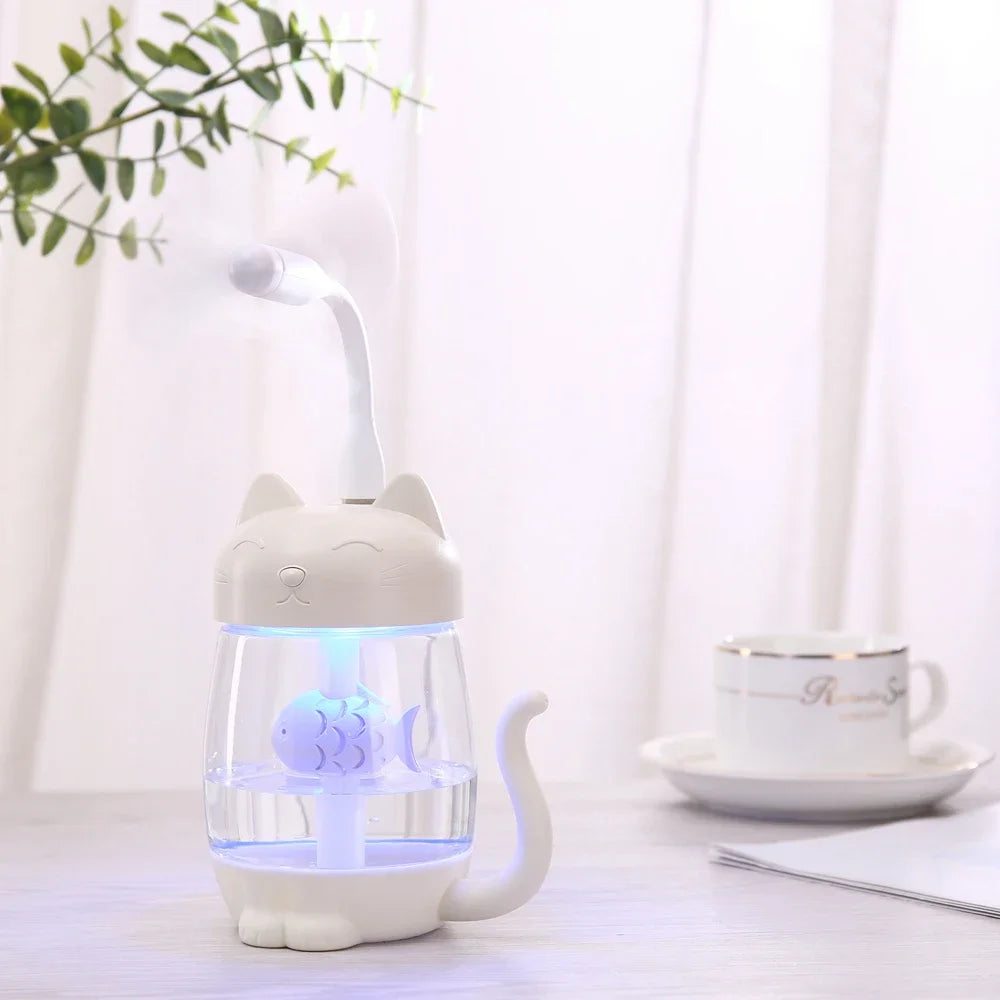 350ML Cat Air Humidifier - Color LED Light - Ultrasonic Cat Eat Fish USB Aroma Diffuser tableandwalllamps