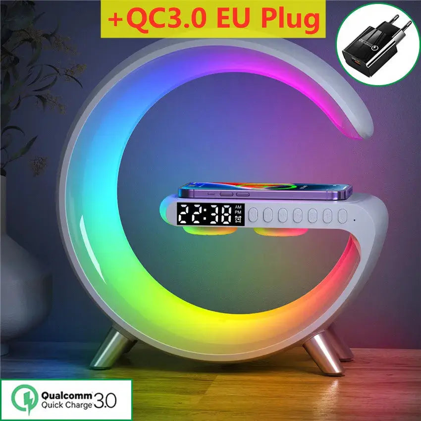 15W Wireless Charger Stand LED RGB Light Desk Lamp Speaker APP Control For iPhone 14 13 12 11 X 8 Samsung Fast Charging Station tableandwalllamps