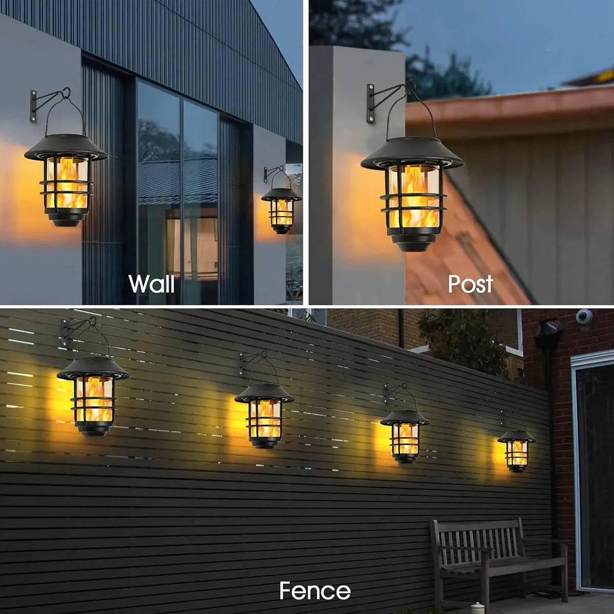 Solar Lantern Outdoor Hanging Wireless Waterproof Flickering Flames Lantern Lights with Wall Mount Kit for Garden Porch Fence tableandwalllamps