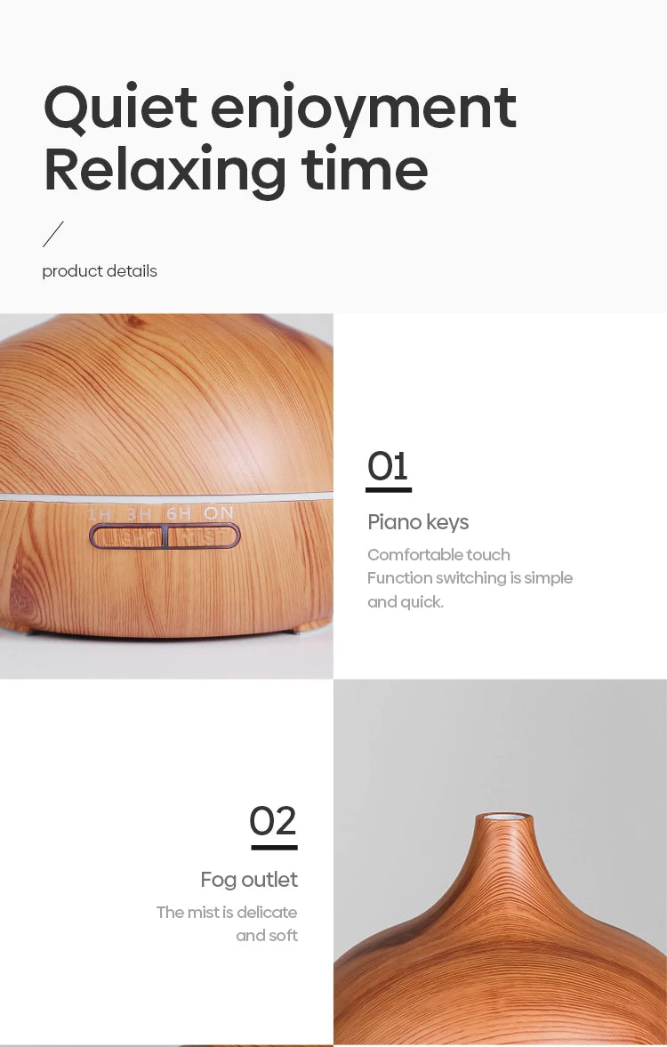 High Quality 500ml Aromatherapy Essential Oil Diffuser Wood Grain Remote Control Ultrasonic Air Humidifier with 7 Colors Light tableandwalllamps