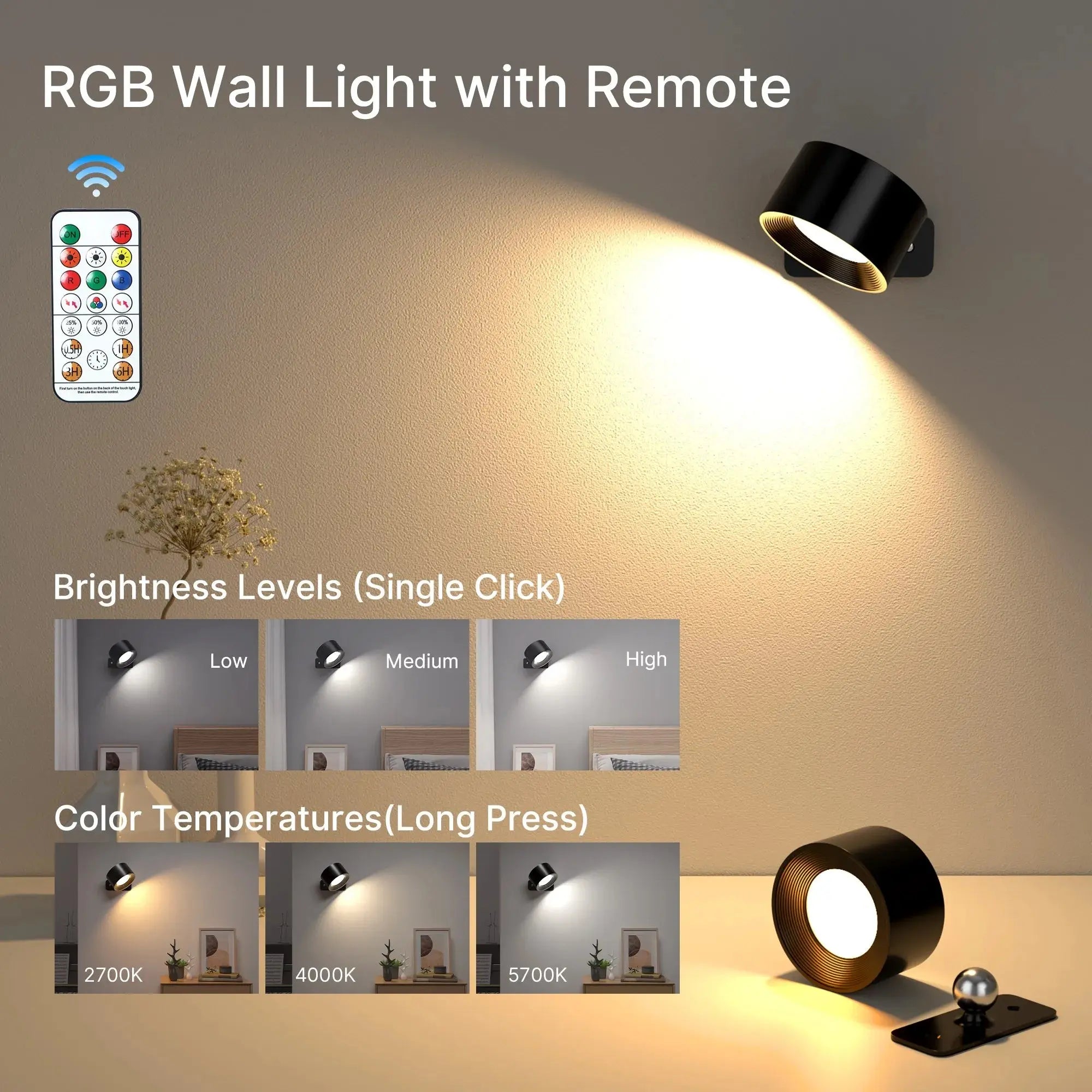 LED Wall Sconce 19 RGB Colors Dimmable, Rechargeable Wall Sconces Battery Operated Picture Light, Touch & Remote Control, 360° R tableandwalllamps