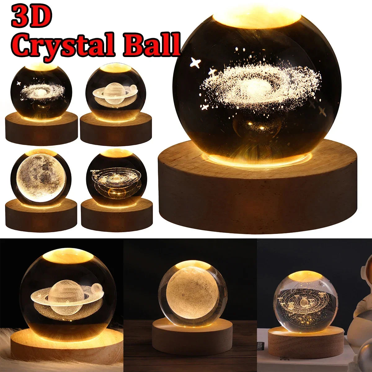 USB LED Night Light, Galaxy Crystal Ball Lamp, 3D Planet Moon Lamp,  night light  moon lamp  bedroom  cute light lamp tableandwalllamps